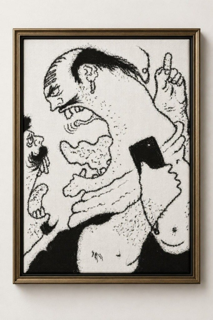 A framed charcoal illustration of an enraged bald man shouting with wide open mouth while clutching a smartphone