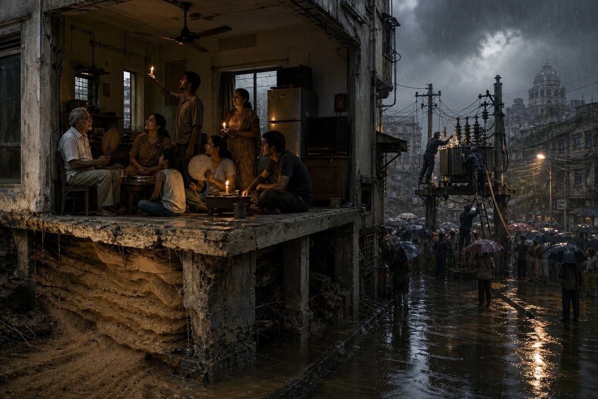 Family waits with candles and hand fans as workers repair power in monsoon rain