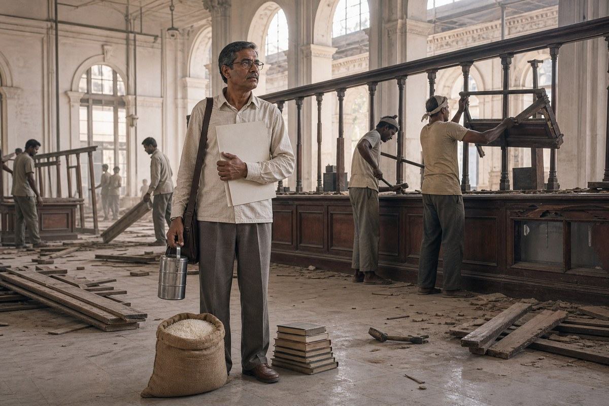 Educated man holds blank papers beside rice and books in a dismantled public office