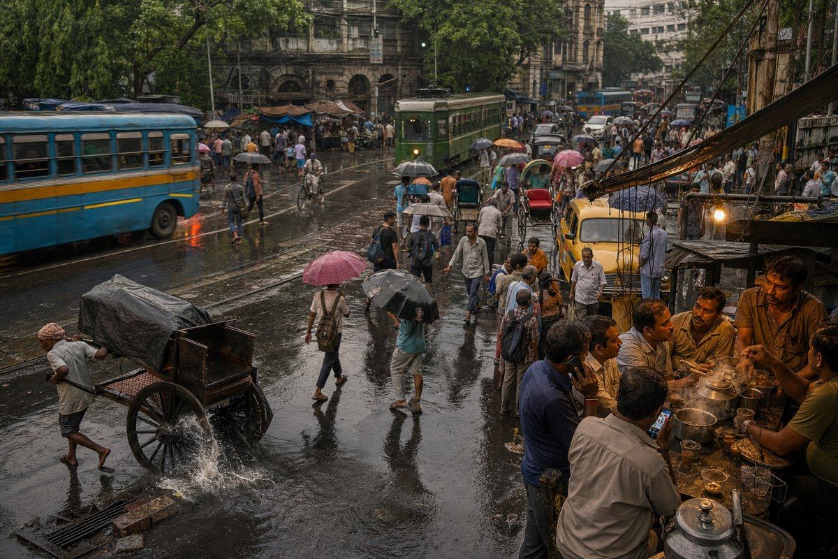 Buses, a tram, rickshaws, pedestrians, and a crowded tea stall converge on a rain-soaked Calcutta street.