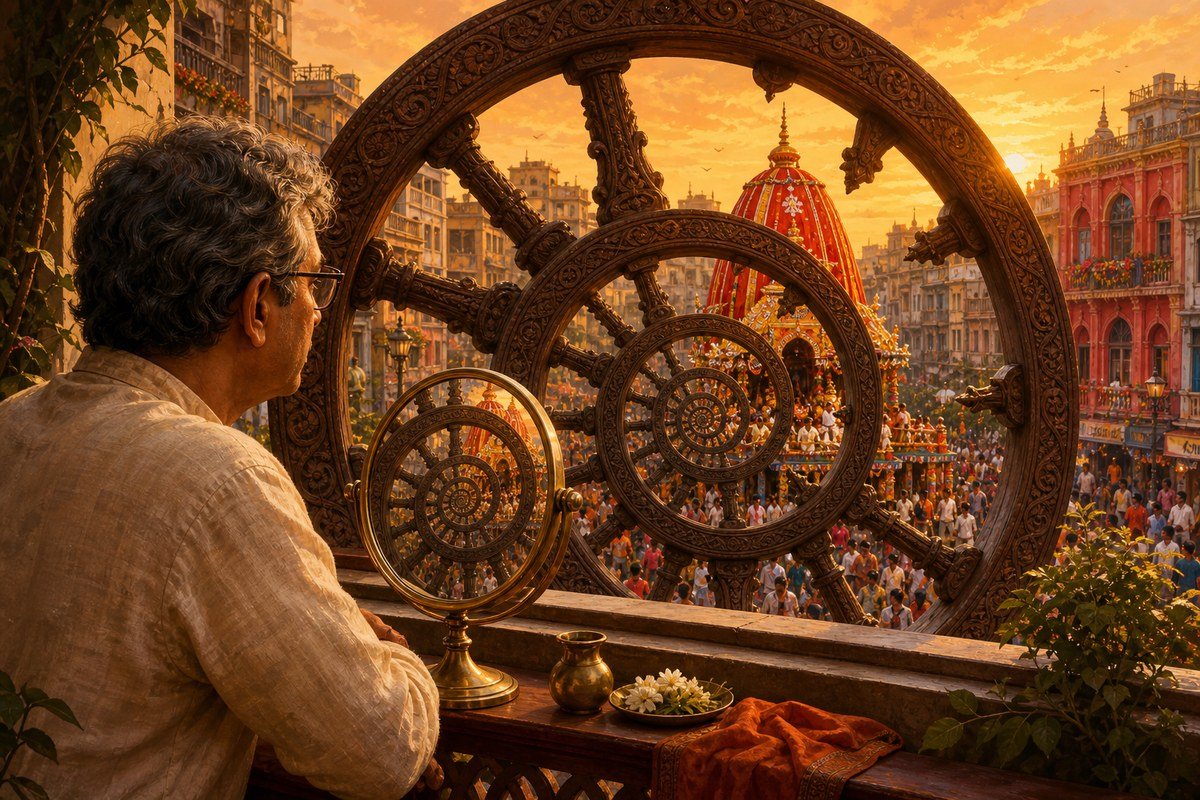Nested carved chariot wheels frame a Rath Yatra procession at sunset