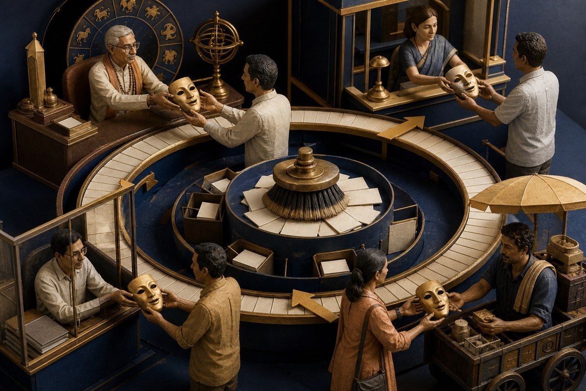 People passing the same polished mask around a circular system of respectable fraud