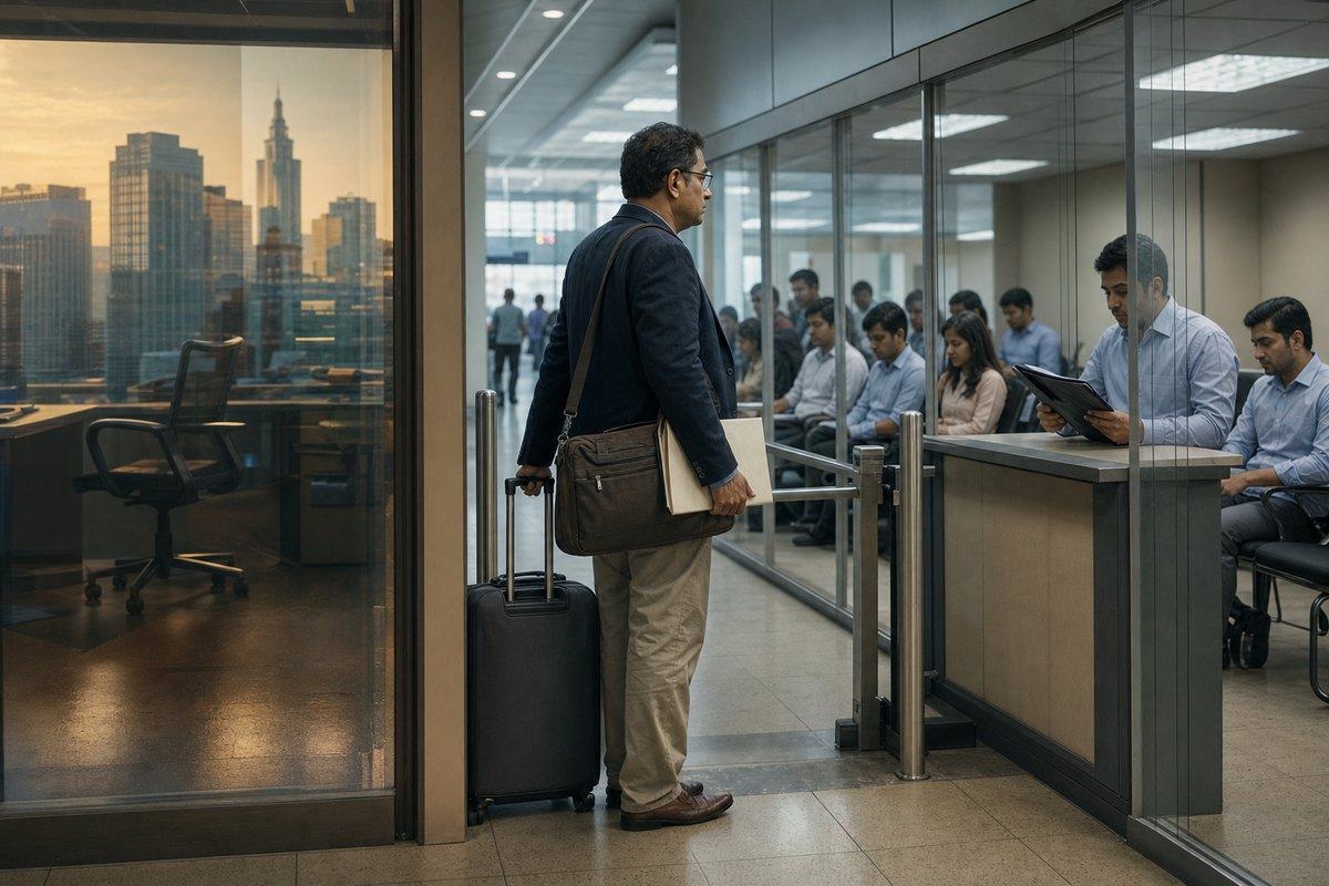 A middle-aged man with a suitcase and documents stands between an empty office overlooking a city skyline and a crowded hiring desk.