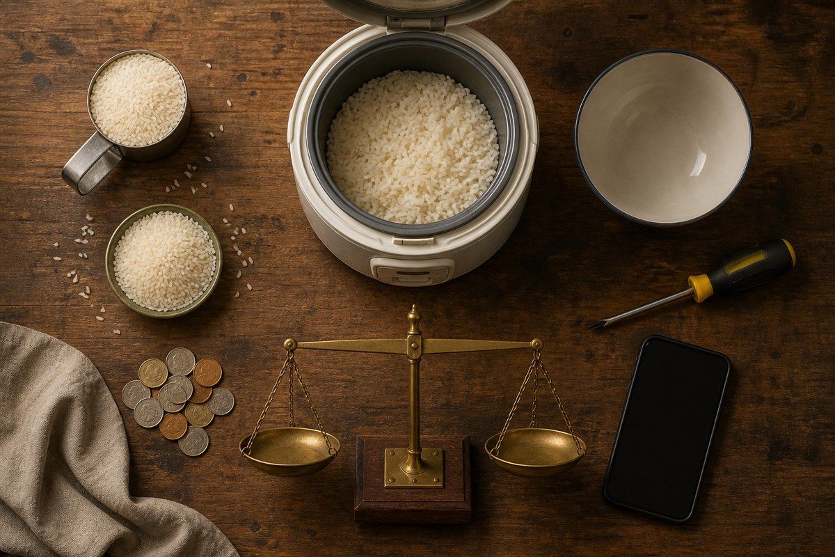 Rice cooker, measured rice, coins, empty bowl and balance form an overhead still life