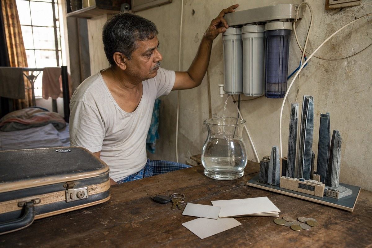 Returnee checks a water filter beside rent cards, suitcase and Abu Dhabi models