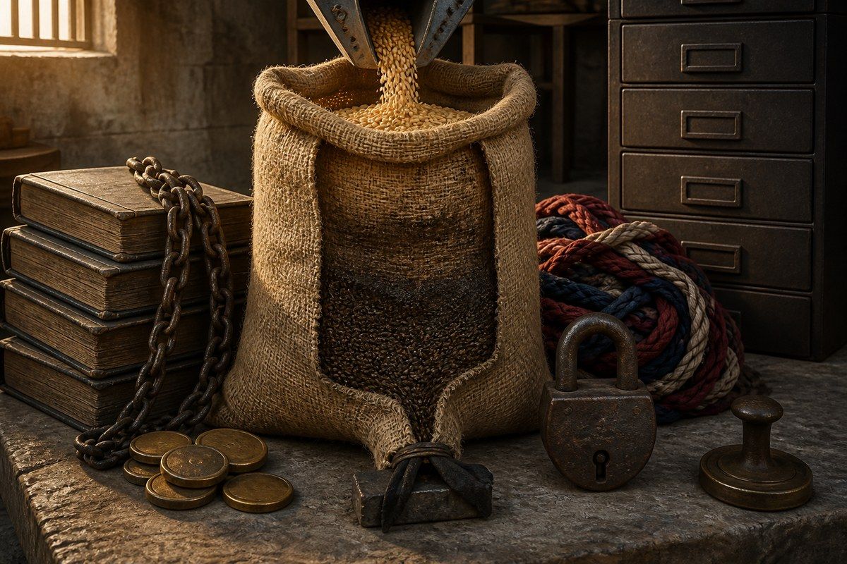 Jute grain sack darkens between chained ledgers, blank tokens, ropes and filing drawers