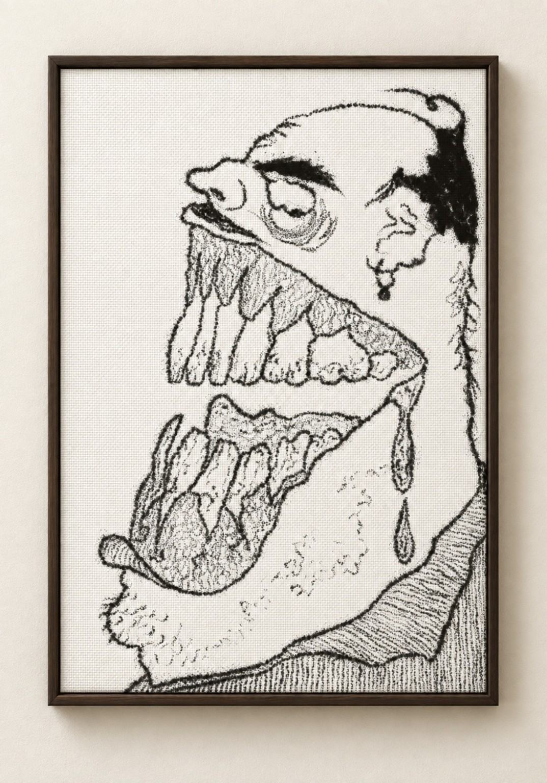 A framed black-and-white drawing of a grotesque, wide-mouthed face with a protruding tongue