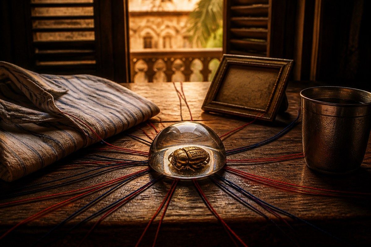 Brass scarab under glass with red and indigo threads across a hot Calcutta table