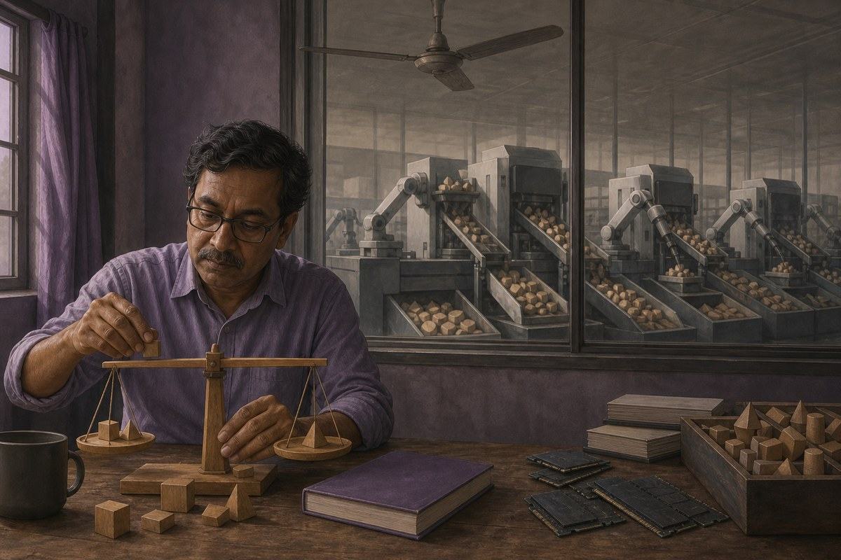 Bengali man balances wooden shapes while automated machines sort tokens behind glass