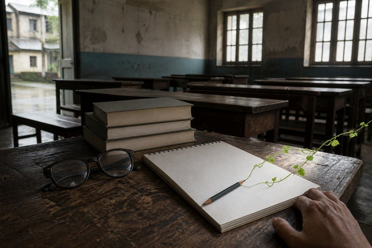 Blank sketchbook, thick glasses and a pencil vine rest on an old school desk
