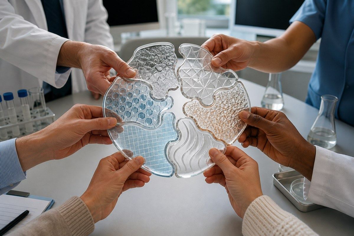 Six research hands join textured glass pieces into one collaborative scientific form
