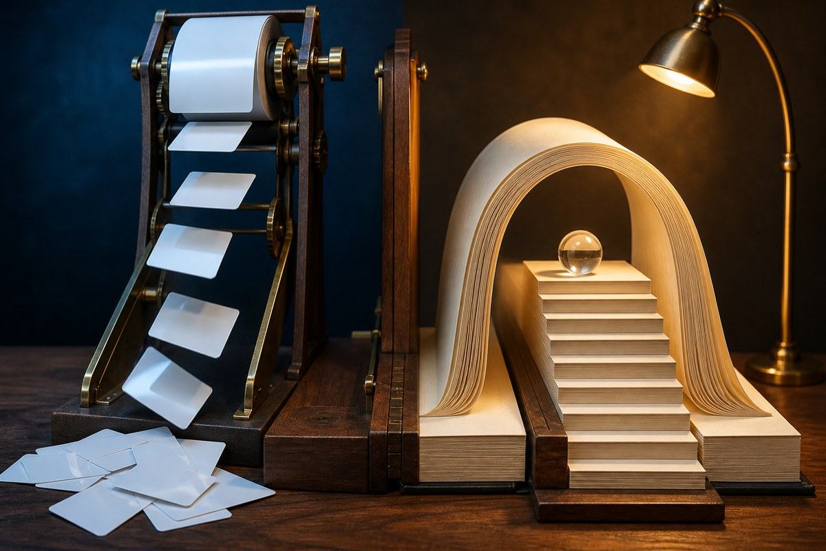 Endless blank cards falling beside book pages shaped into a stable arch and staircase