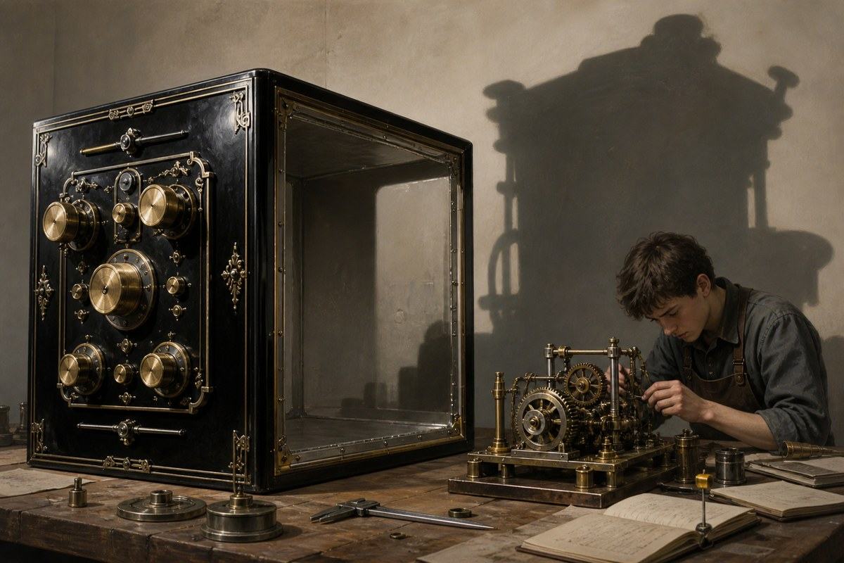 Apprentice studying a working mechanism beside a grand polished box with an empty interior