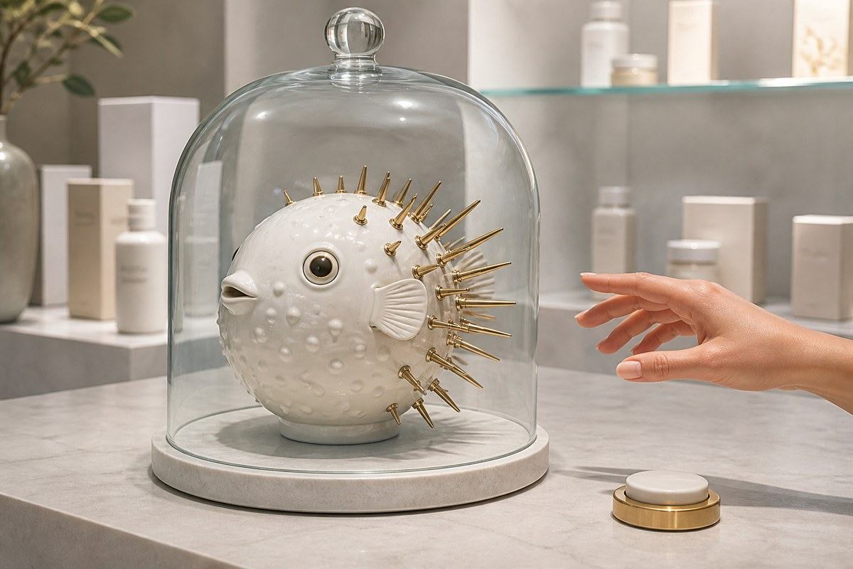 Pearl ceramic pufferfish with brass spines beneath a glass cloche