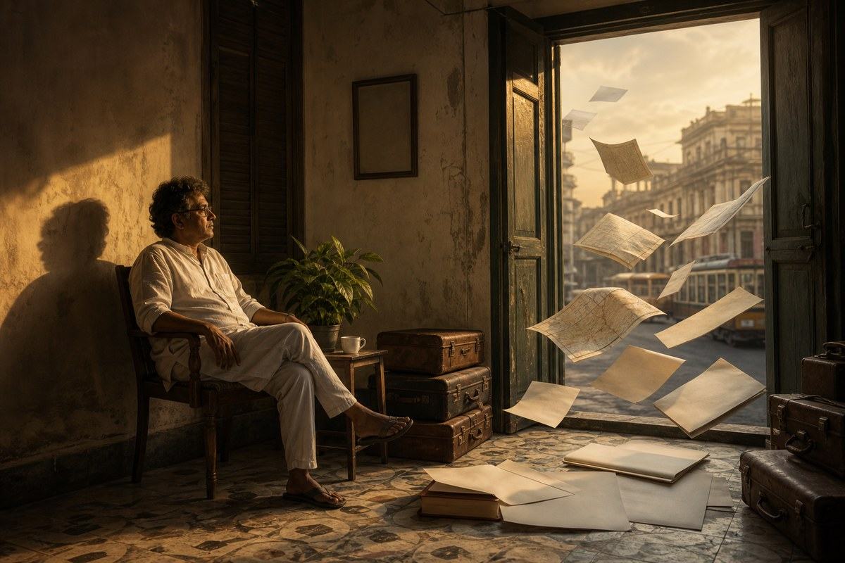 Calcutta man remains seated as old plans and blank maps drift through an open door
