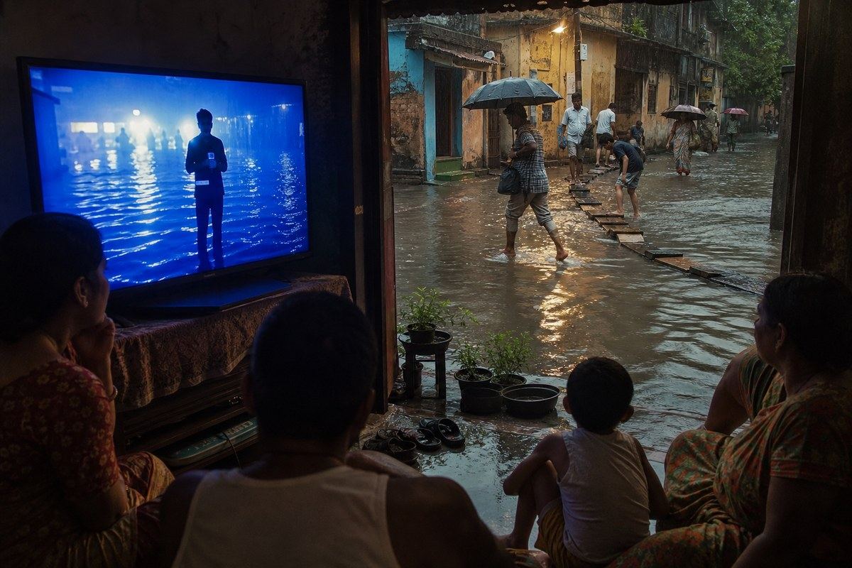 Family watching disaster television while real neighbours navigate a flooded Kolkata street