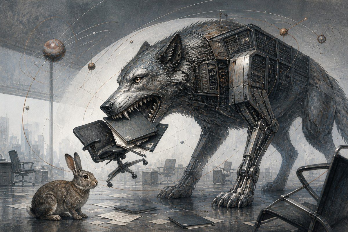 Rabbit confronting a mechanical wolf that devours office chairs instead of flesh