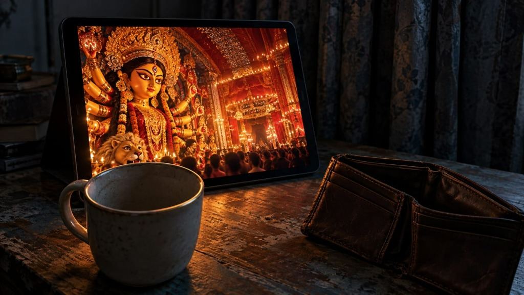 On a worn wooden table in a dark room with closed curtains, a propped tablet displays a brightly illuminated Durga Puja pandal, Goddess Durga idol, and crowd, while an empty ceramic mug and an open, empty brown leather wallet rest in the foreground.