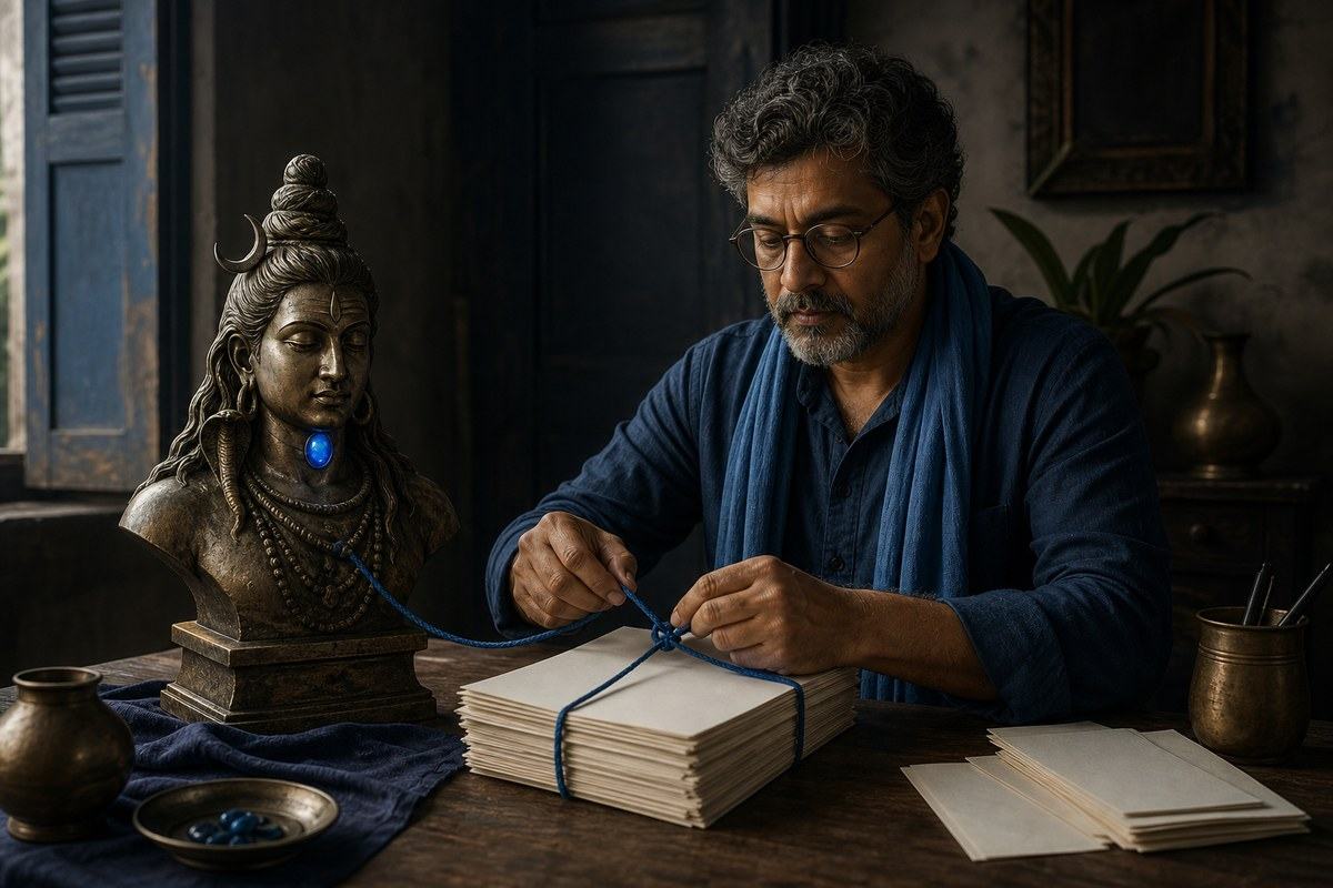 Man ties blank invoices with blue cord beside a bronze Shiva and glowing throat stone