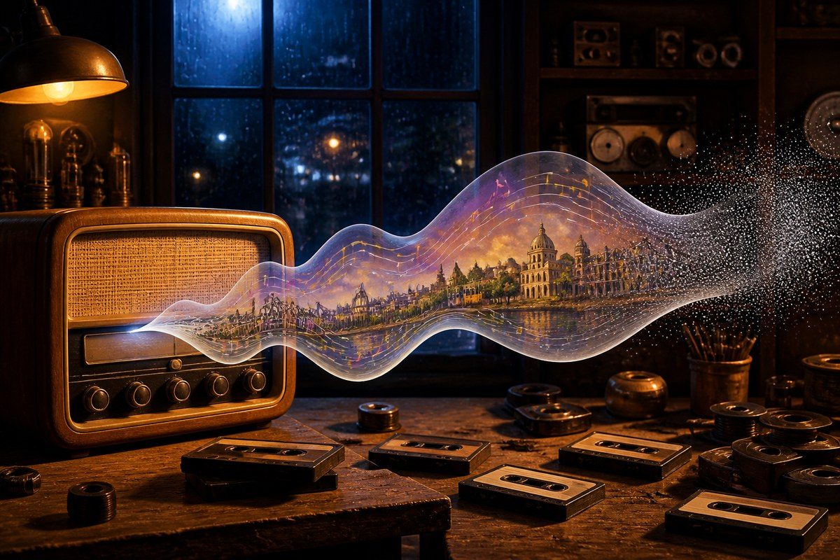 Analogue radio sending a luminous musical wave into a miniature city and white static