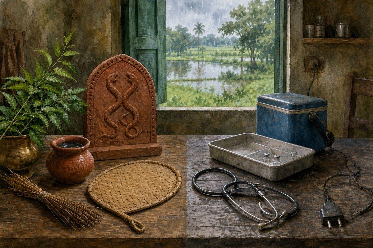 Bengali ritual health symbols beside sparse rural clinic supplies