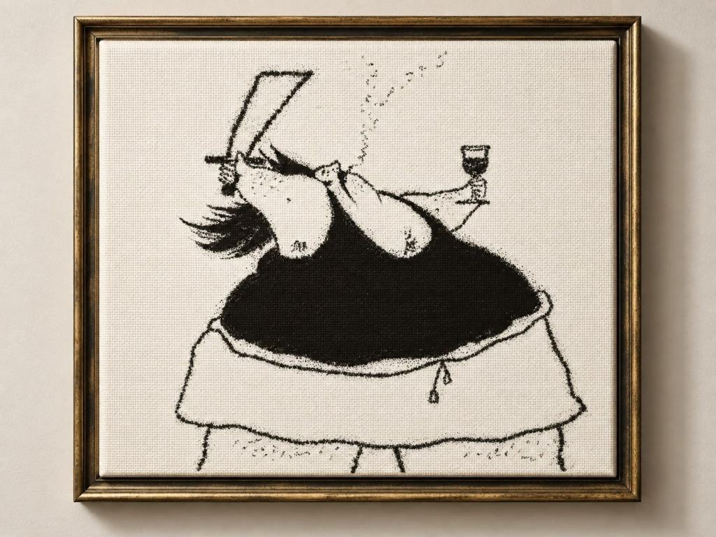 A framed monochrome charcoal illustration on textured canvas of a grotesque figure brandishing a cleaver in one hand and raising a wine glass in the other