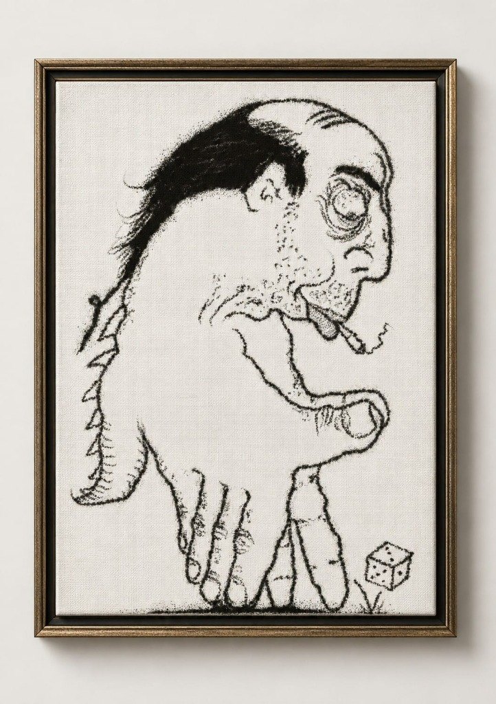 A framed monochrome charcoal illustration on textured canvas of a grotesque hand-shaped creature with a bald man's head smoking a cigarette beside a die