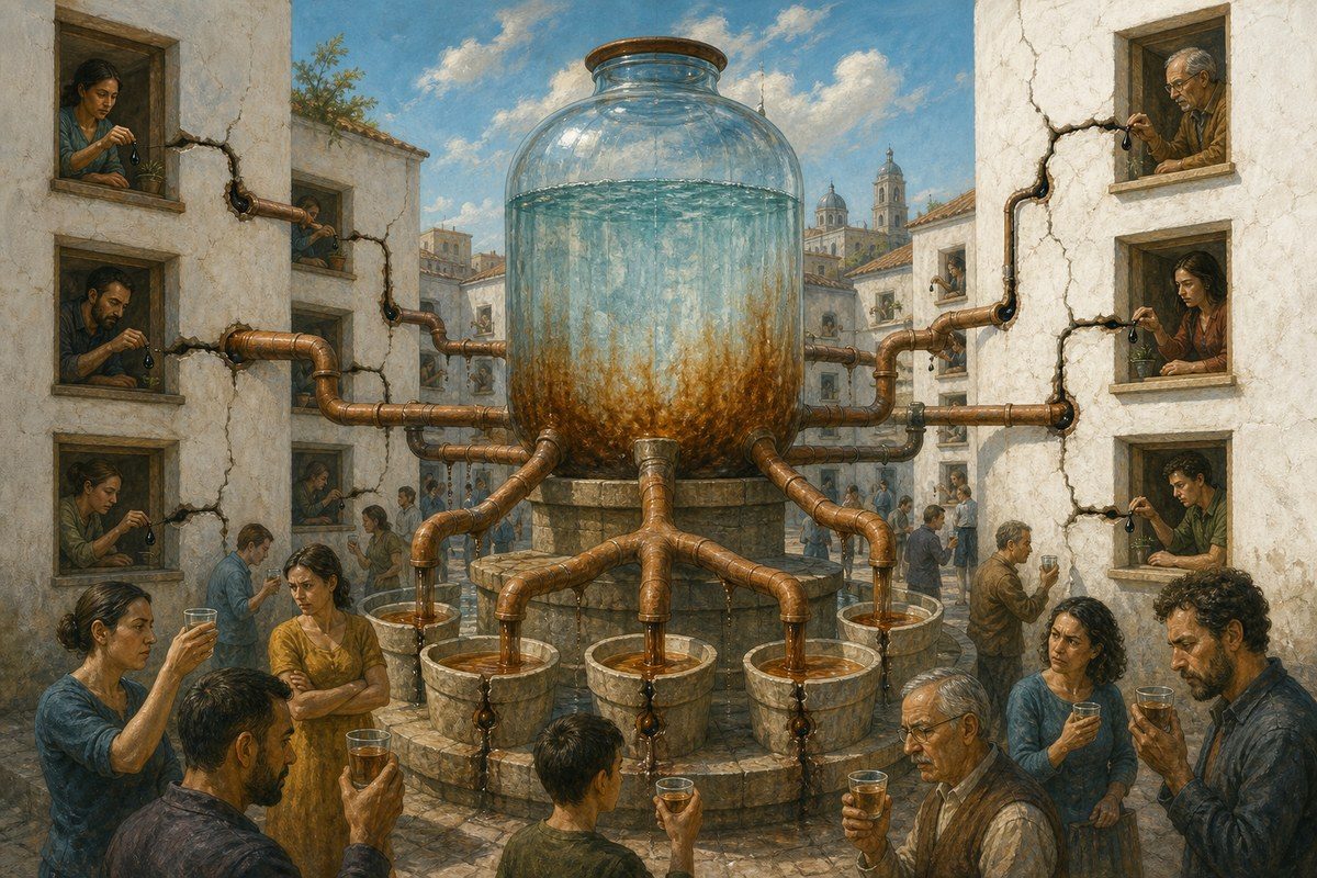 Small household pipe leaks slowly darken a shared civic water vessel