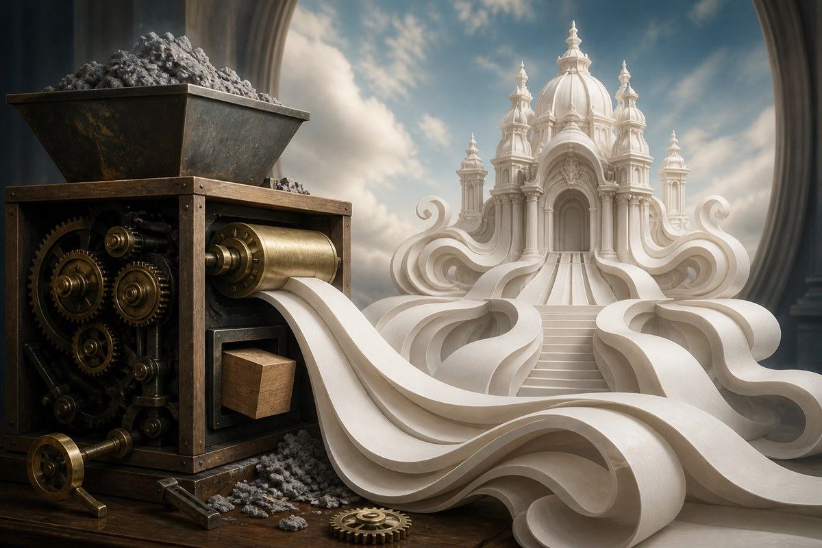 Simple pulp machine produces an ornate palace mirage from smooth blank ribbons