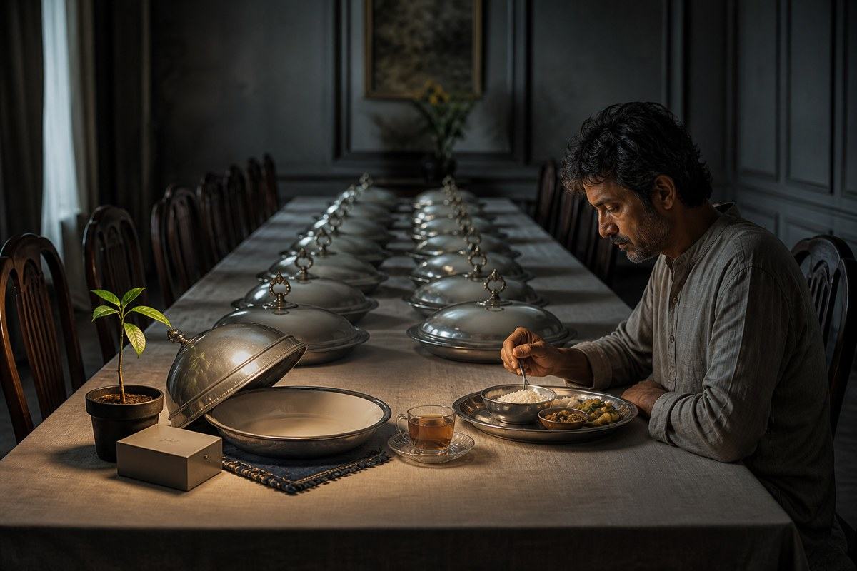Solitary Bengali man eats beside covered empty dishes and a small green seedling