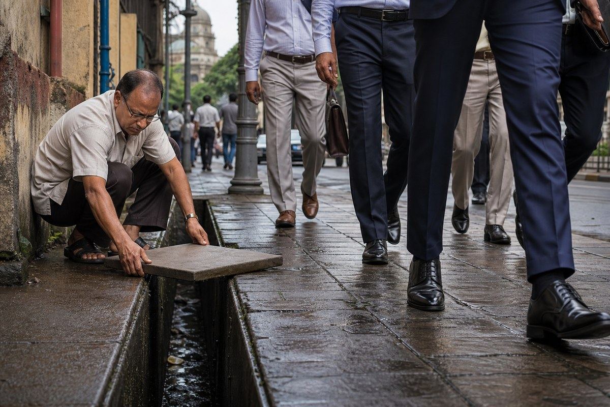 Man covers an open Kolkata drain as polished office shoes pass beside him