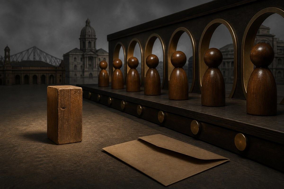 Single square wooden peg outside a row of round pegs and circular gates