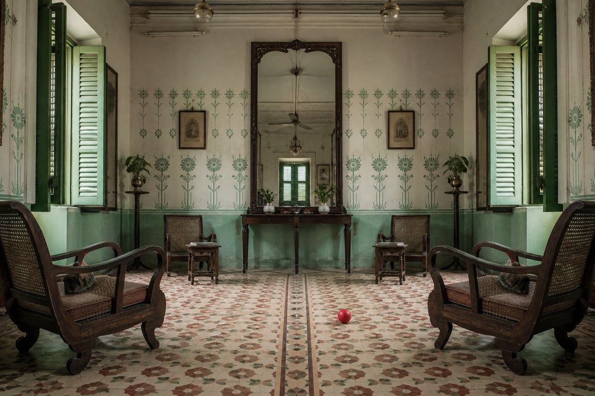 Symmetric old Calcutta room with a red ball rolled off centre