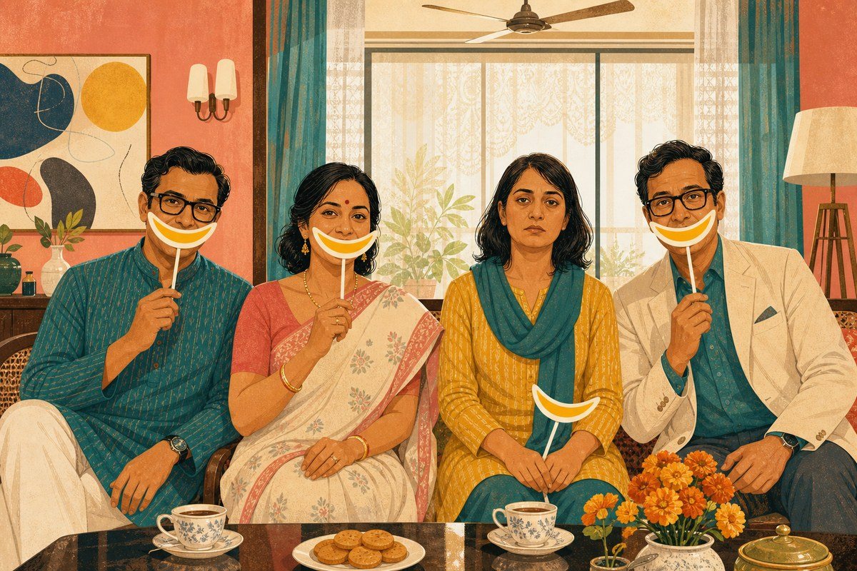 Bengali guests posing with paper smiles while one lowers hers