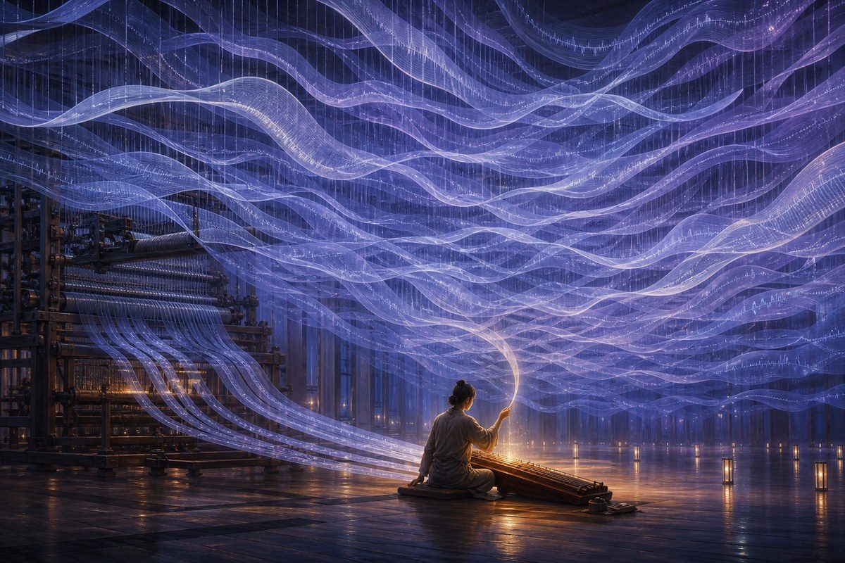 Listener choosing one warm acoustic thread beneath an abundance of synthetic sound ribbons
