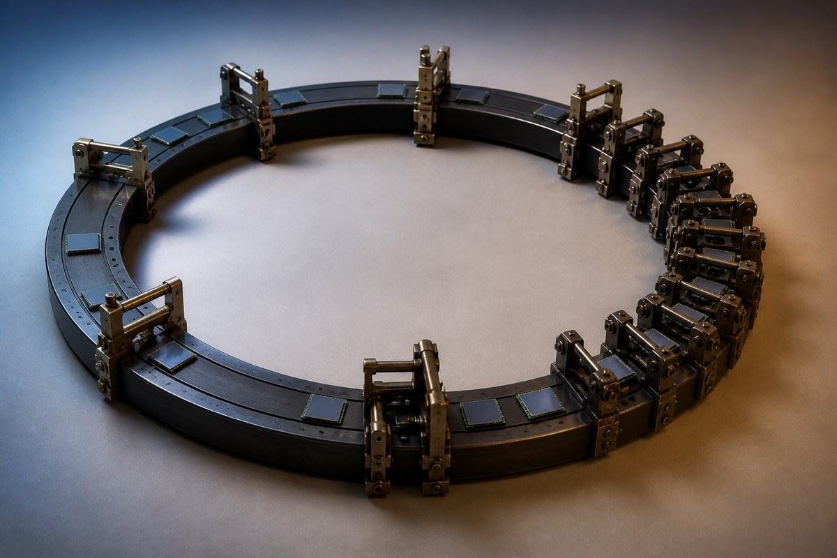 Identical chip tiles moving through compressed stages on an unmarked timing ring