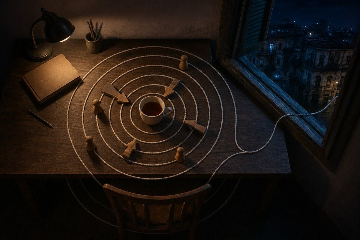 Concentric string loops circling a night desk with one loose strand reaching the window