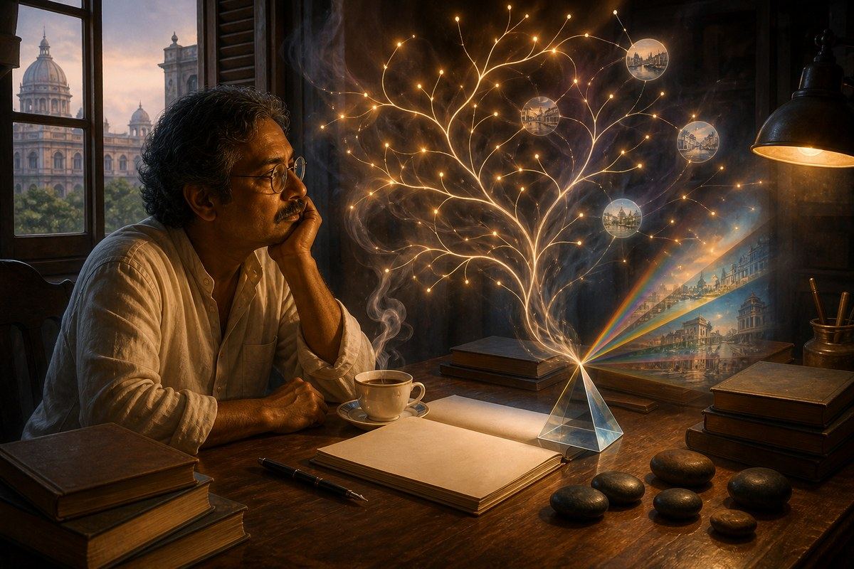 Tea steam and a prism form a glowing probability tree above a writer’s blank pages