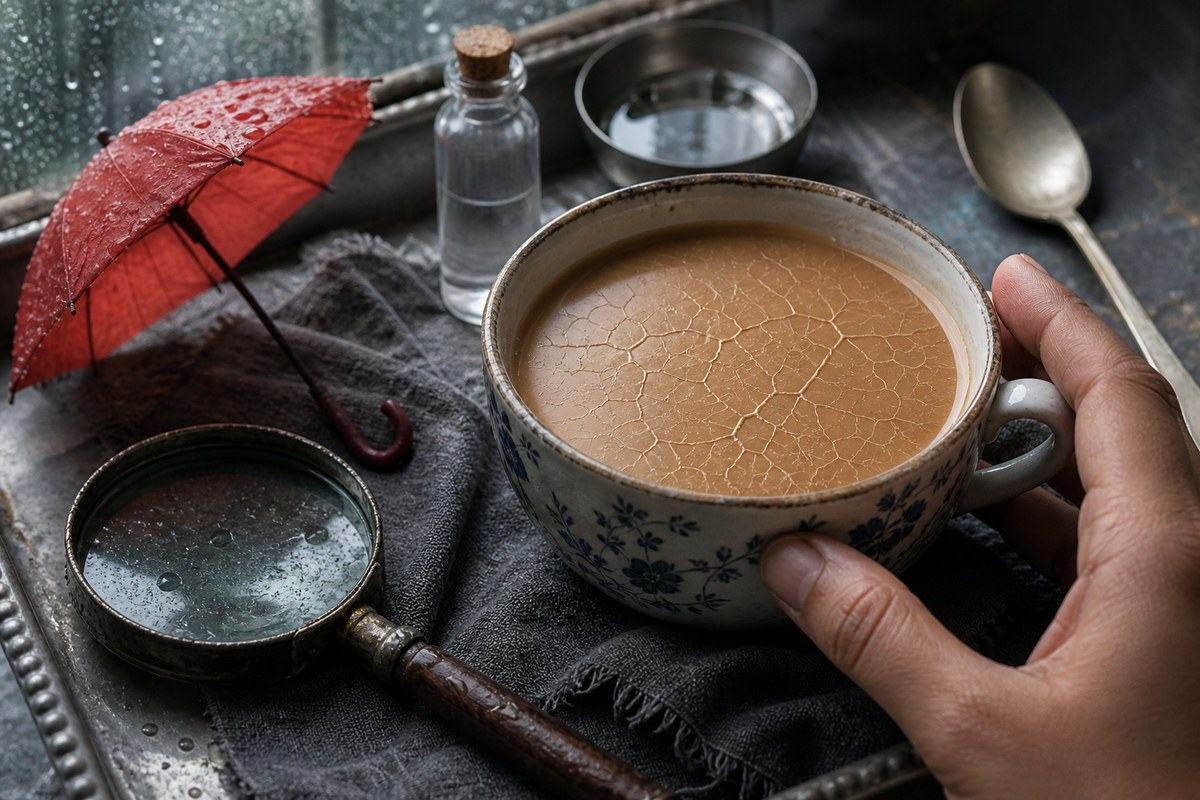 Cooling tea with a cracked surface beside a magnifying glass, umbrella, and testing vial
