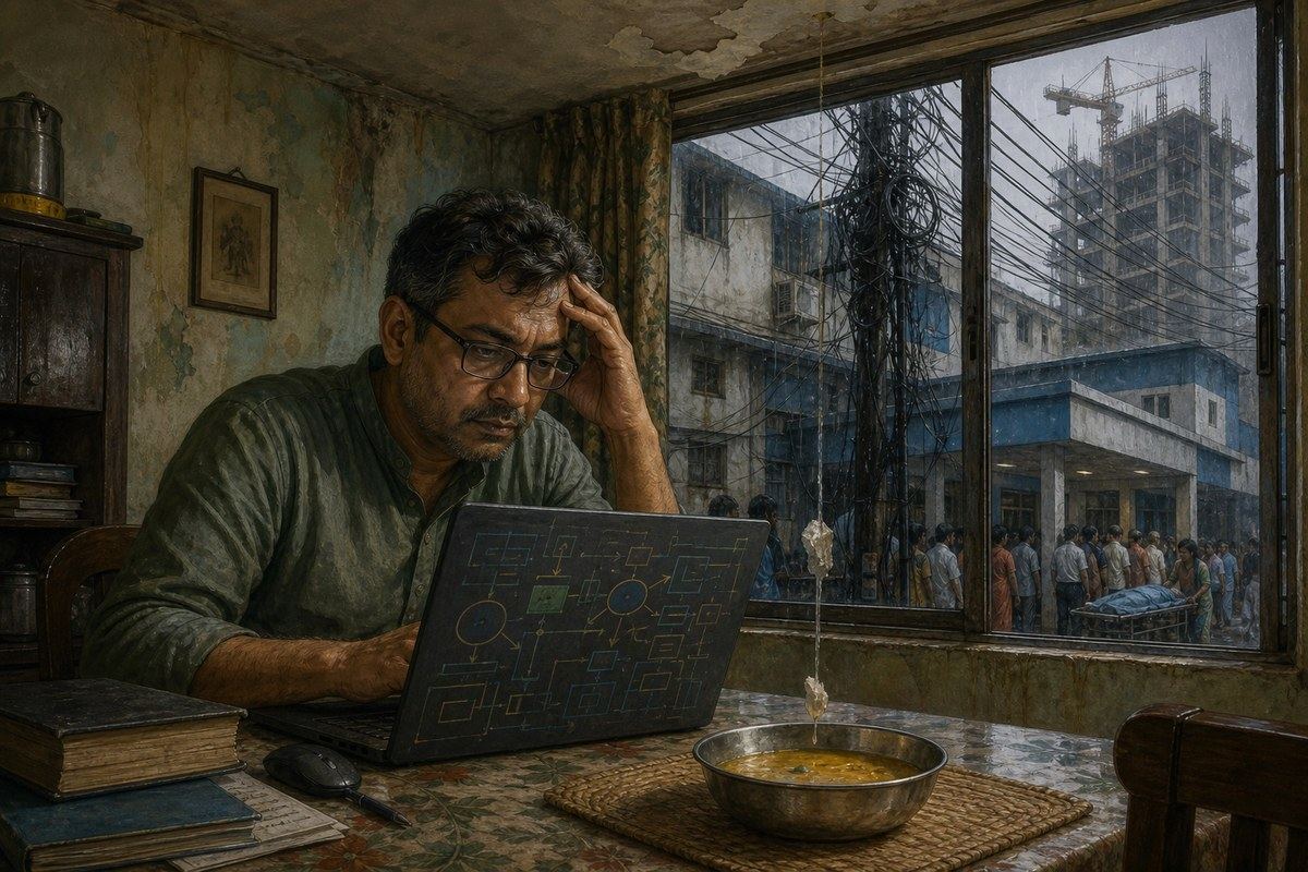 Bengali healthcare architect writing at a Kolkata table beside a bowl of dal