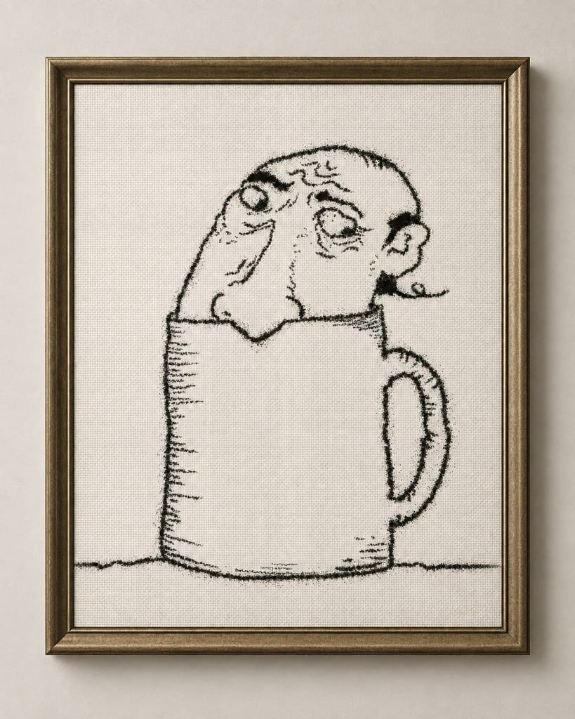 Framed monochrome charcoal drawing on textured canvas of a weary, balding man with heavy eyes submerged inside a large tea mug.
