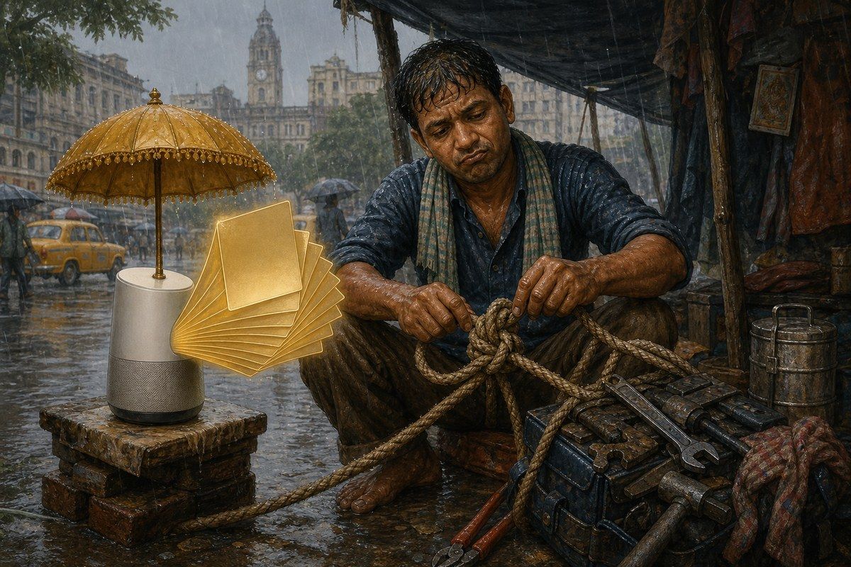 Worker untangling a wet rope while an AI speaker offers blank golden advice cards