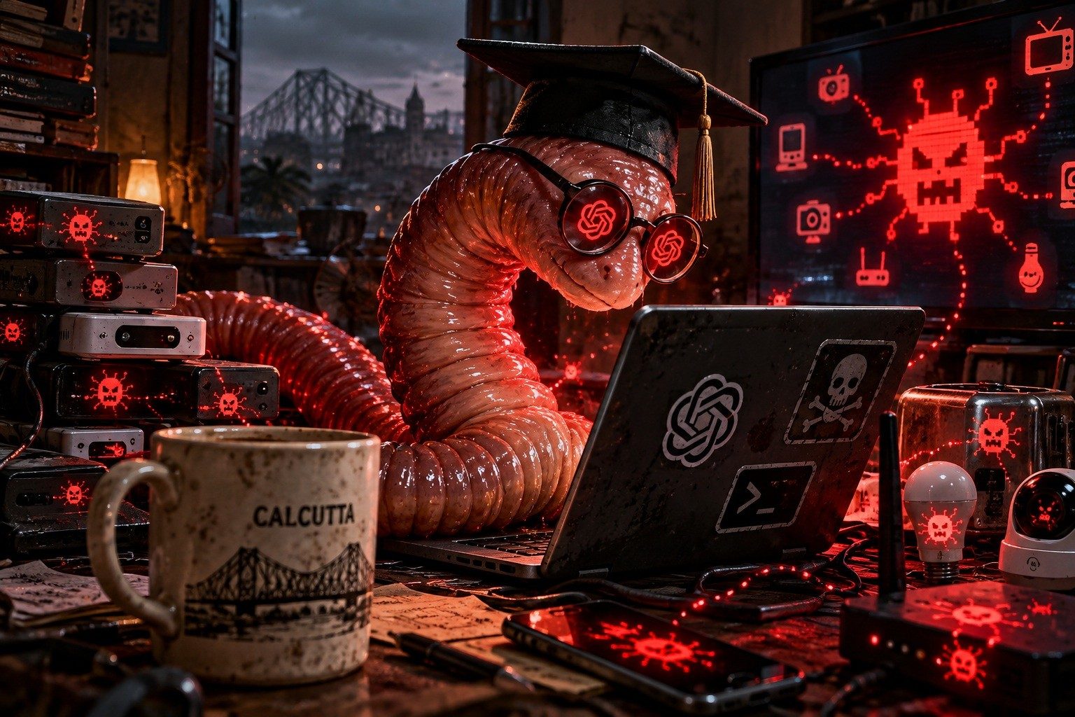 A giant earthworm wearing a graduation cap and glasses uses a laptop amid glowing red malware symbols on connected devices in Calcutta.