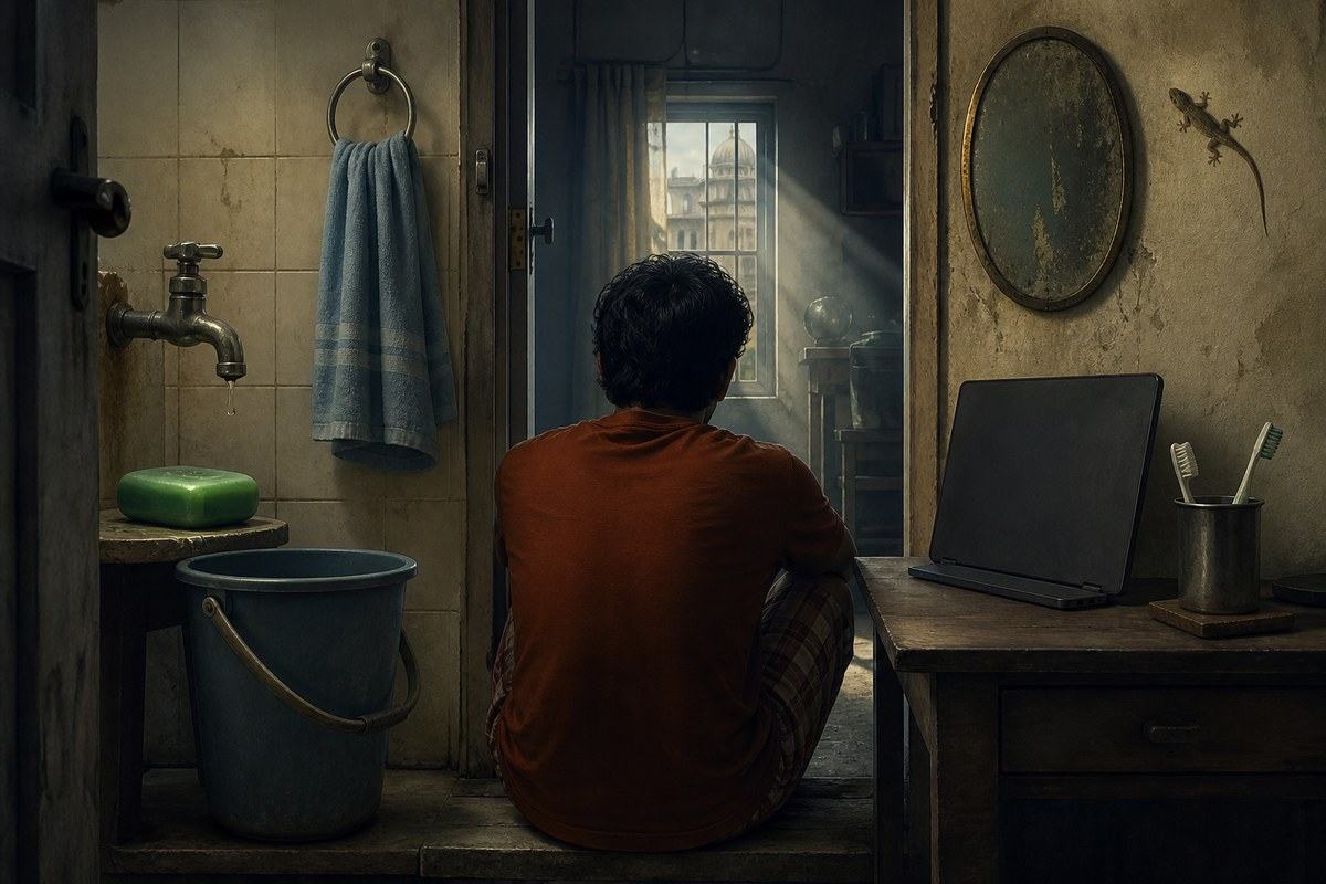 Man sits among soap, tap, bucket, laptop and a watchful house lizard