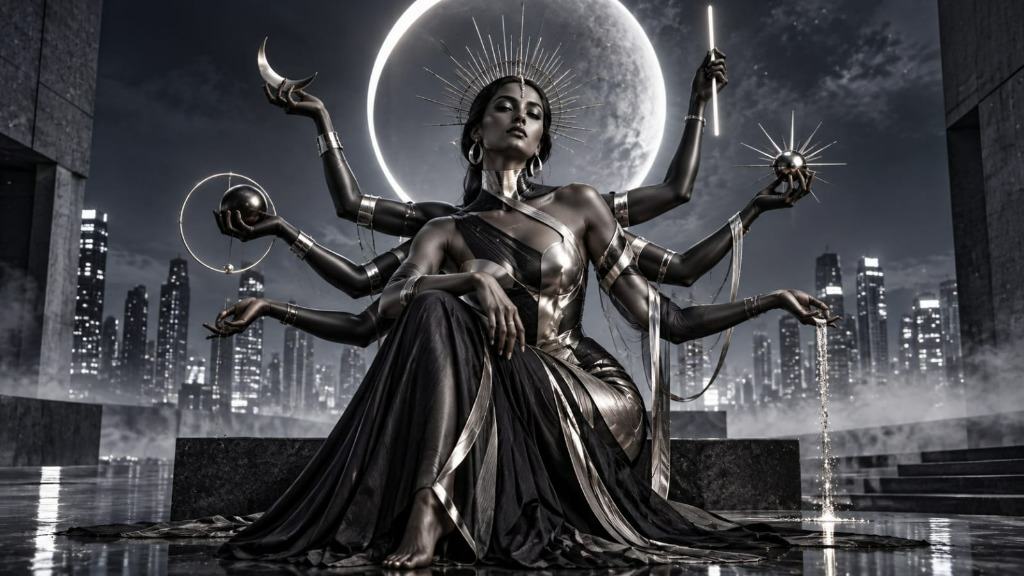A futuristic metallic ten-armed goddess Durga with a radiating halo, holding celestial spheres and a crescent moon against a glowing lunar ring and modern city skyline at night.