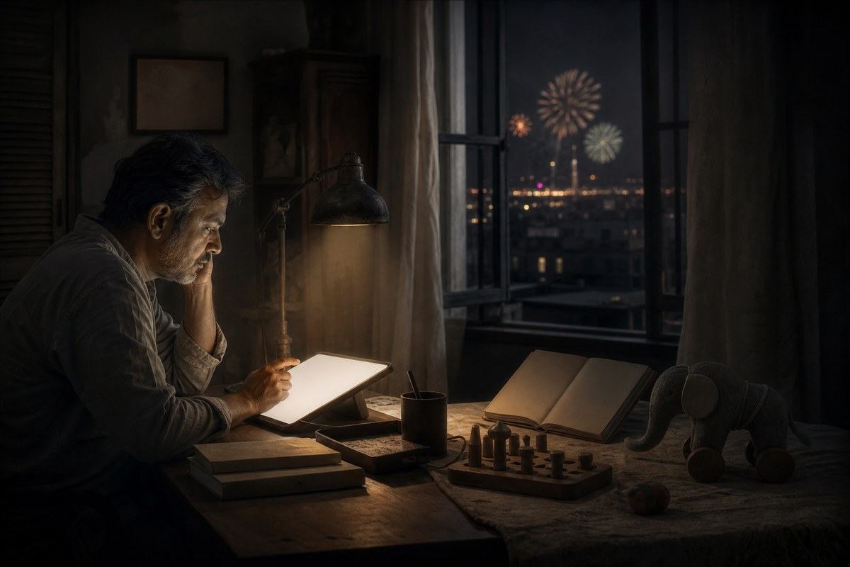 Bengali man studies a blank tablet while books, puzzles and toys fade beyond the lamplight