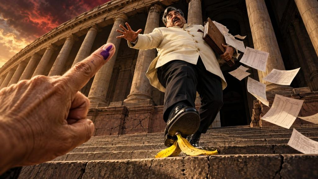 An ink-stained finger pointing at an Indian election official slipping on a banana peel on the steps of a grand columned building as voter rolls scatter into the air.
