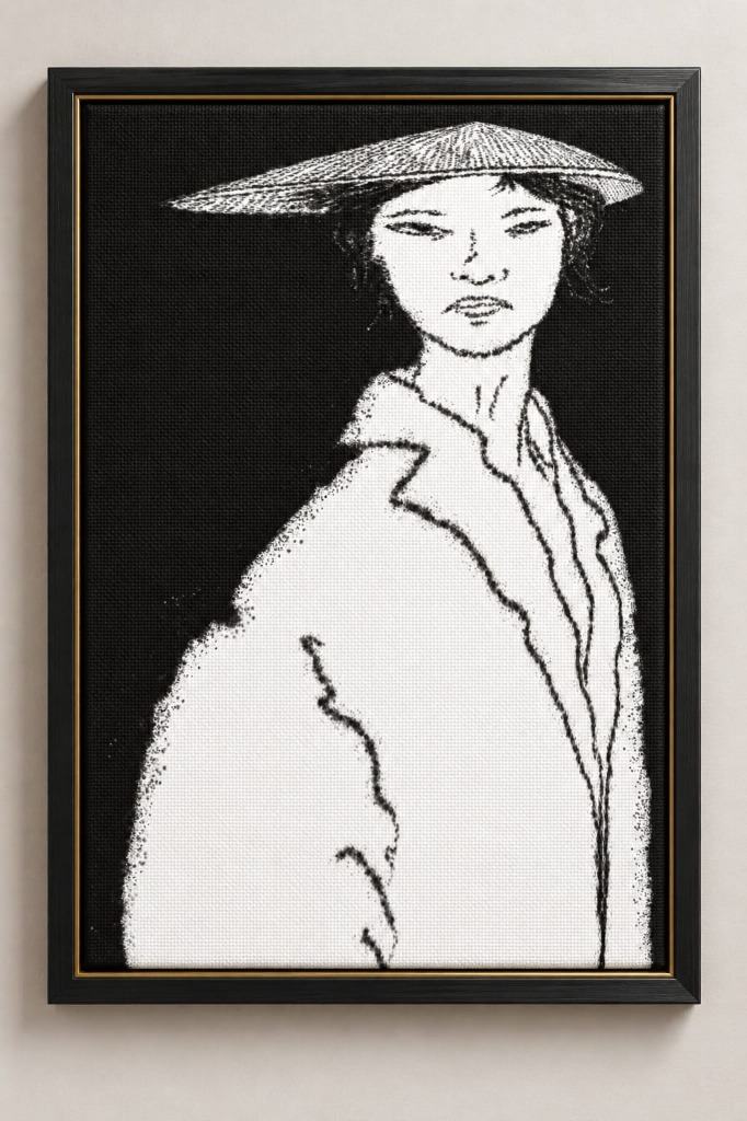 A monochrome drawing of a woman wearing a conical hat, printed on textured canvas in a dark wooden frame