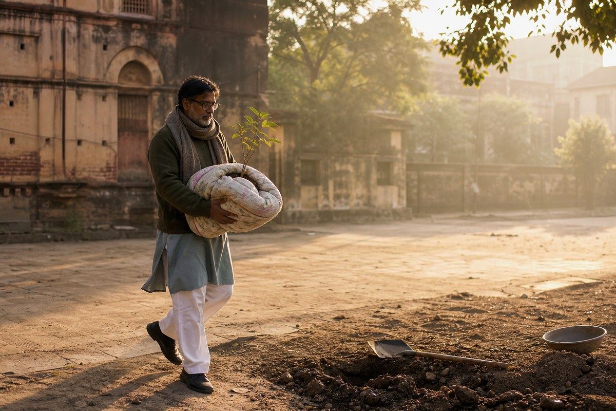 Bengali man carries a quilt-wrapped banyan sapling towards a prepared patch of soil