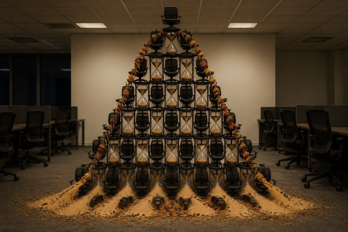 Pyramid of office chairs and hourglasses sagging beneath a wilted marigold garland